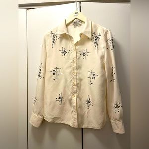 Vintage Blue Ice Embroidered Cut Out Shirt  100%  Silk Size 12